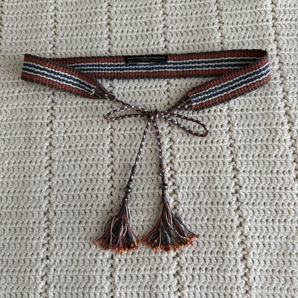 Peruvian Connection Woven Belt Size Small Pima Cotton Beaded Tassels Blue Brown